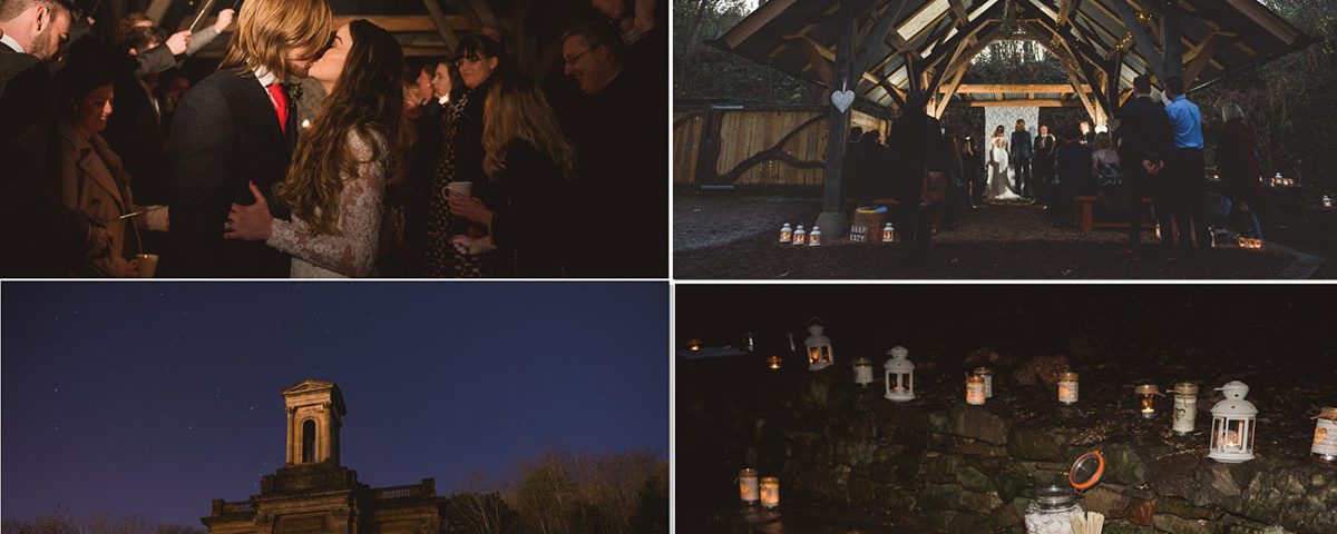 selection of 4 winter wedding images, including underwood centre civil ceremony, just married couple kissing, the anglican chapel at night, and candles and marshmallows