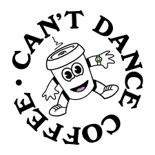 Dancing coffee cup with face surrounded by company name Can't Dance Coffee