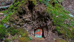 A fairy door sits on top of a tree stump in the woods. Make a fairy door at Arnos Vale Cemetery