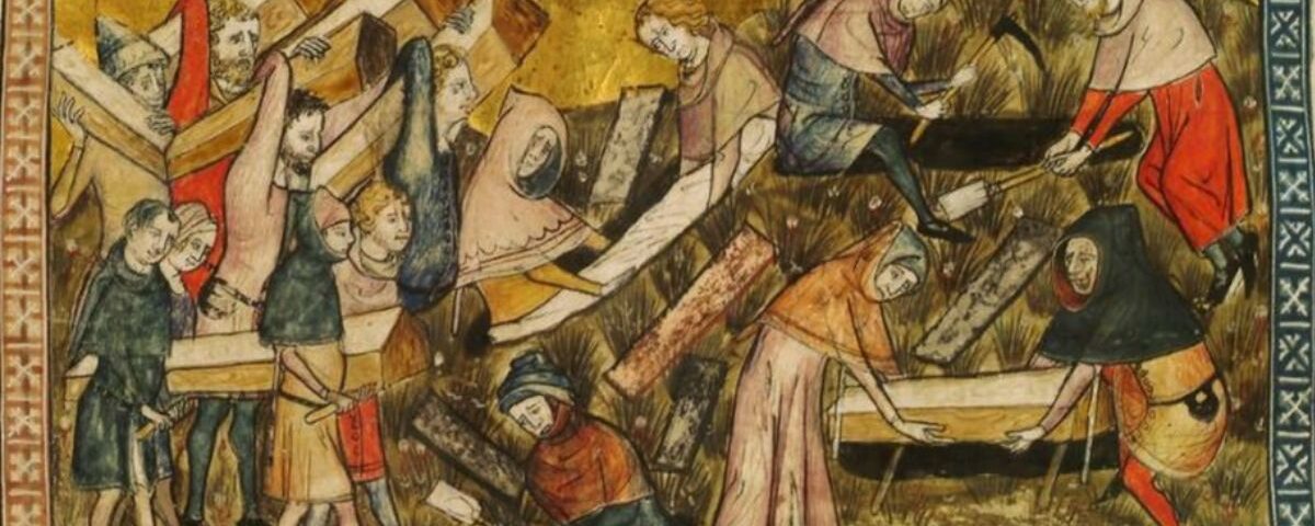 Pierart dou Tielt from the Tractatus quartus bu Gilles li Muisit (Tournai, c. 1353) and is an image of the people of Tournai burying victims of the Black Death.