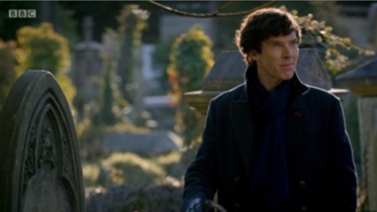 Still of Benedict Cumberbatch from an episode of Sherlock filmed at Arnos Vale Cemetery for the BBC