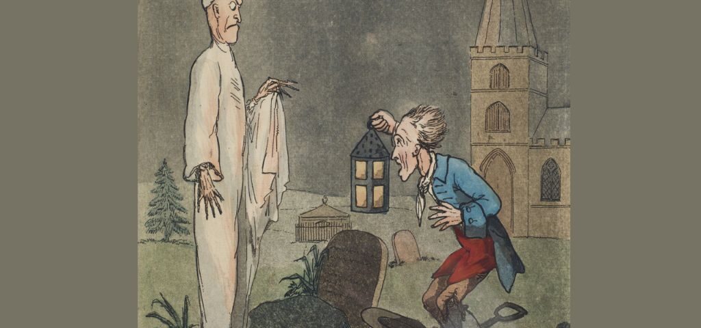 resurrection man surprised by ghost, rising from grave. 1 May 1790 Hand-coloured etching