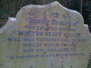 In Loving Memory of MY DEVOTED HUSBAND WALTER HENRY HOLLEY. WHO WAS SUDDENLY CALLED HOME WHILST MOTOR CYCLING MAY 11TH 1926. AGED 33. IN THE MIDST OF LIFE WE ARE IN DEATH."